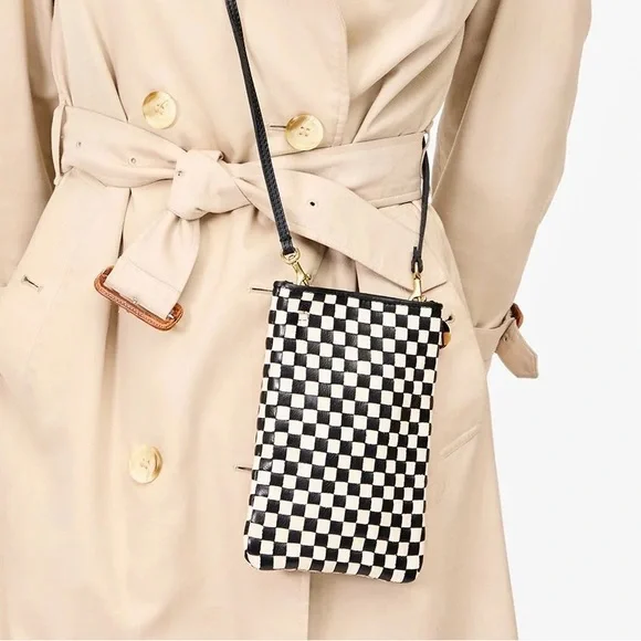 Clare V Poche Leather Woven Checkered Black/Cream Crossbody Bag 🏁 - Picture 7 of 12